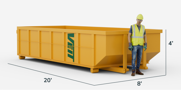 A man stands beside a 20-yard dumpster, which is clearly marked with its measurements for reference.