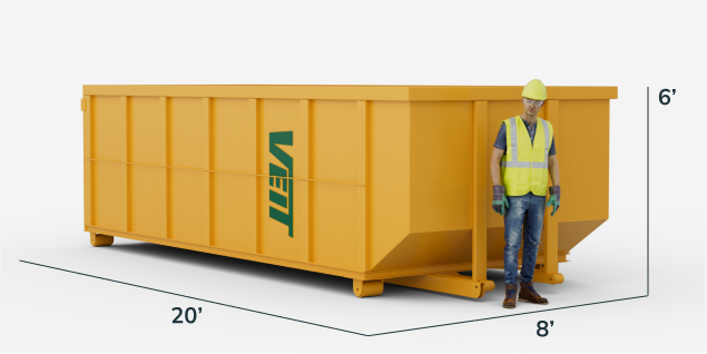 A man stands beside a 30-yard dumpster, which is clearly marked with its measurements for reference.