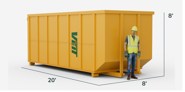 A man stands beside a 40-yard dumpster, which is clearly marked with its measurements for reference.